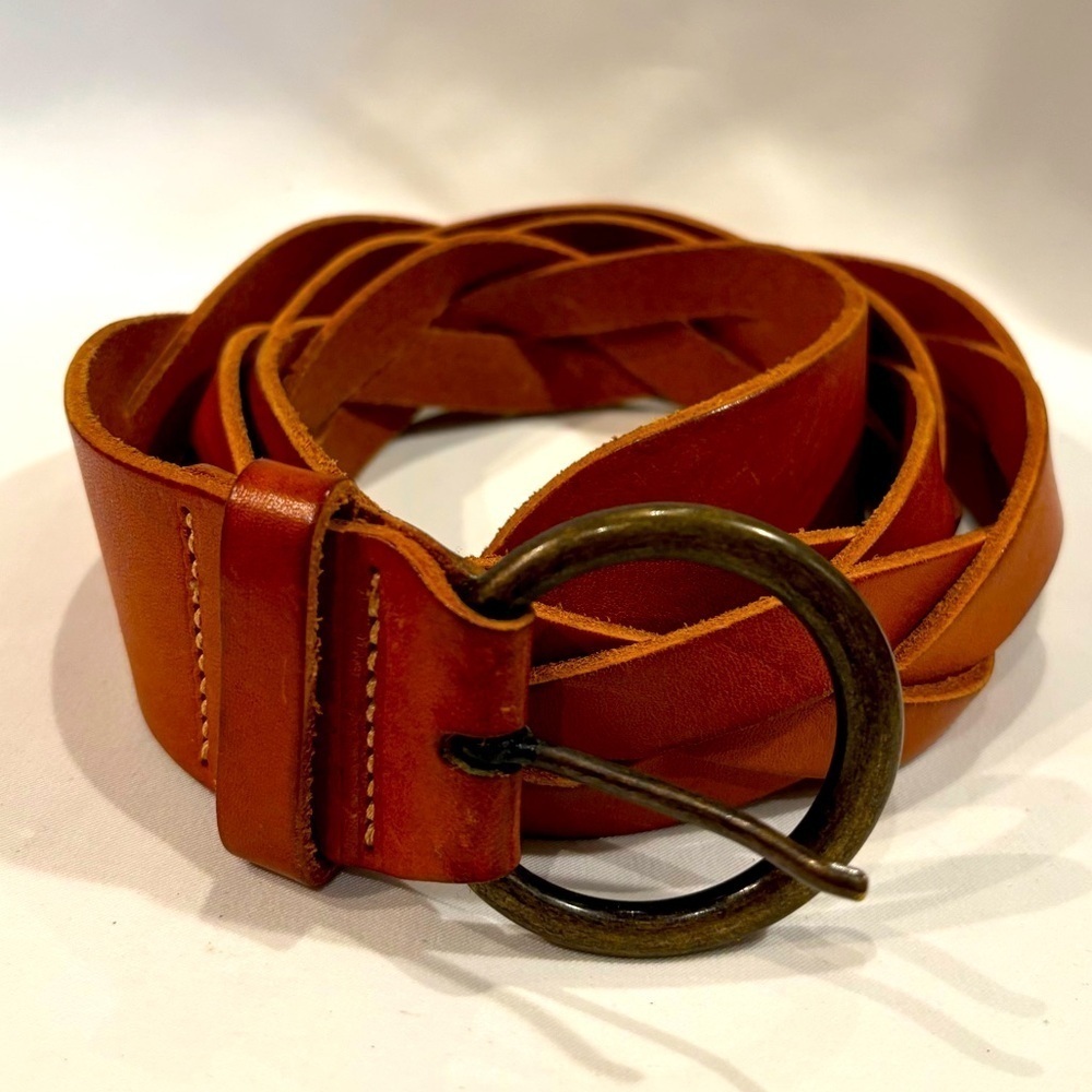 H&M Sz M-L Braided Leather Belt with Brass Copper Toned Rounded Buckle